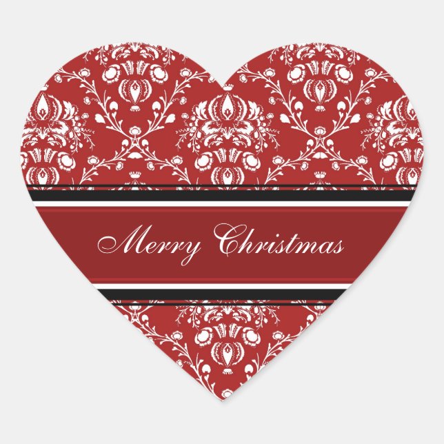 Red White Damask Frohe Weihnachtskleber Herz-Aufkleber (Vorderseite)