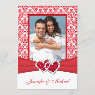 Red & White Damask & Hearts Foto Einladung