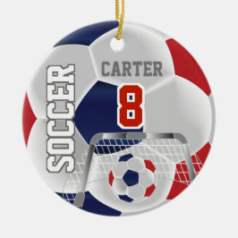 Red, White & Dark Blue Personalize Soccer ⚽ Ball Keramik Ornament