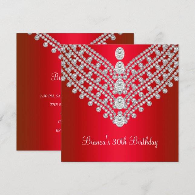 Red White Diamond Jewel 30. Geburtstag Party Einladung (Vorne/Hinten)
