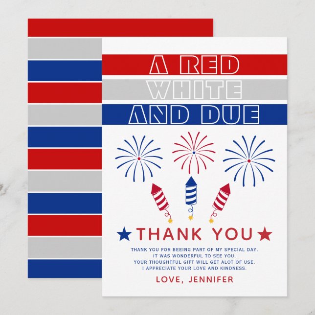 Red White Due 4. Juli Feuerwehr Baby Dusche Dankeskarte (Vorne/Hinten)