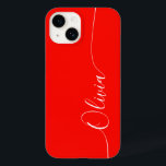 Red White Elegance Calligraphy Script Name Case-Mate iPhone 14 Hülle<br><div class="desc">Red White Elegant Calligrafy Script Custom Personalisiert Name iPhone 14 Smart Phone Cases bietet ein modernes und trendy einfaches und stilvolles Design mit Ihrem personalisierten Namen in eleganten handgeschriebenen Kalligraphieskripttypografie auf einem roten Hintergrund. Entworfen von ©Evco Studio www.zazzle.com/store/evcostudio</div>