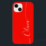Red White Elegance Calligraphy Script Name Case-Mate iPhone 14 Hülle<br><div class="desc">Red White Elegant Calligrafy Script Custom Personalisiert Name iPhone 14 Smart Phone Cases bietet ein modernes und trendy einfaches und stilvolles Design mit Ihrem personalisierten Namen in eleganten handgeschriebenen Kalligraphieskripttypografie auf einem roten Hintergrund. Entworfen von ©Evco Studio www.zazzle.com/store/evcostudio</div>