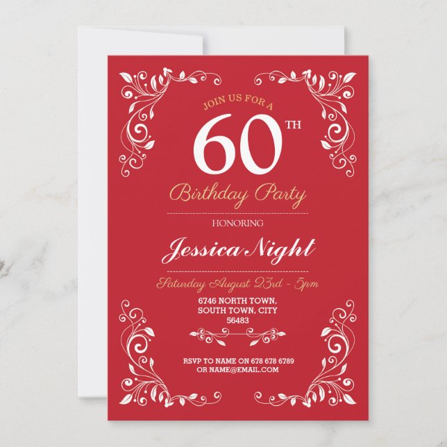Red White Elegant Birthday Womens Classy 60. Einladung (Vorderseite)