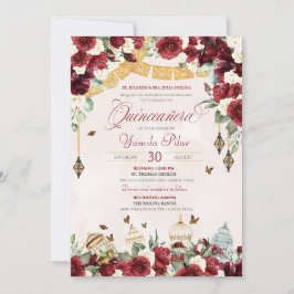 Red White Elegant Floral Butterfly Quinceanera V6 Einladung