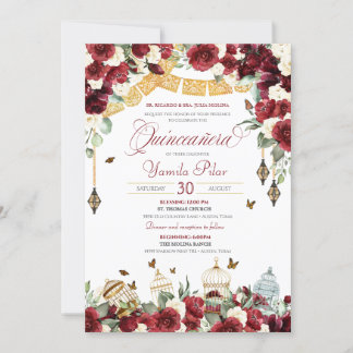 Red White Elegant Floral Butterfly Quinceanera V6 Einladung