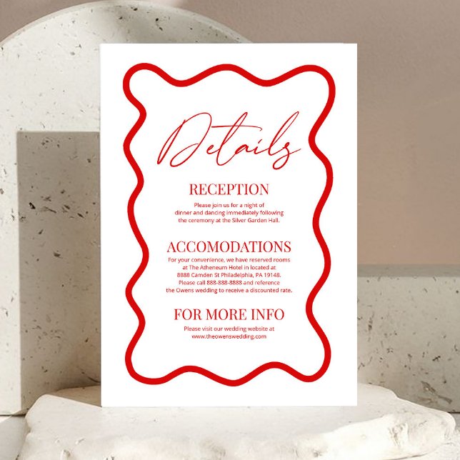 Red White Elegant Wavy Border Wedding Details Begleitkarte (Von Creator hochgeladen)