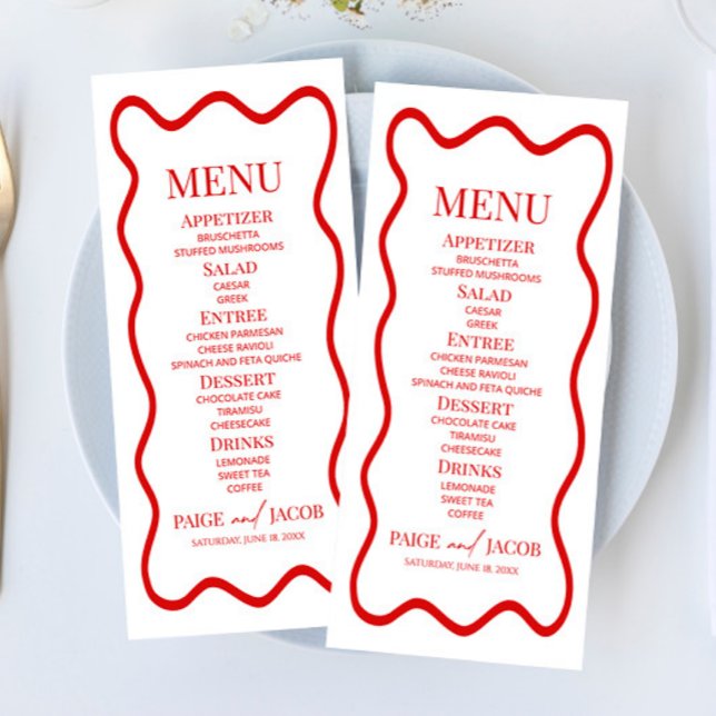 Red White Elegant Wavy Border Wedding Food Menükarte (Von Creator hochgeladen)
