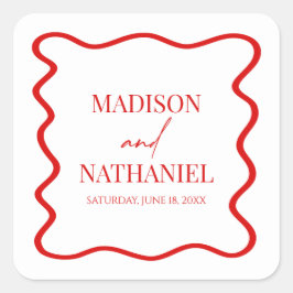 Red White Elegant Wavy Border Wedding Quadratischer Aufkleber