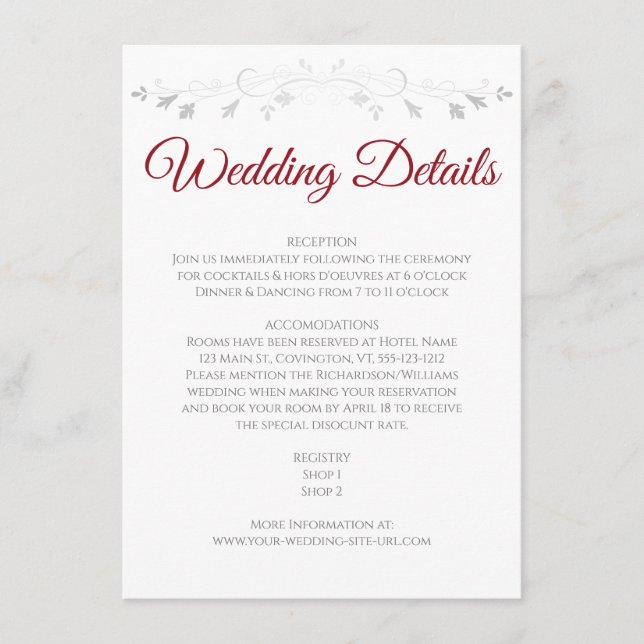 Red & White Elegant Wedding Details Carte de boîti (Devant)