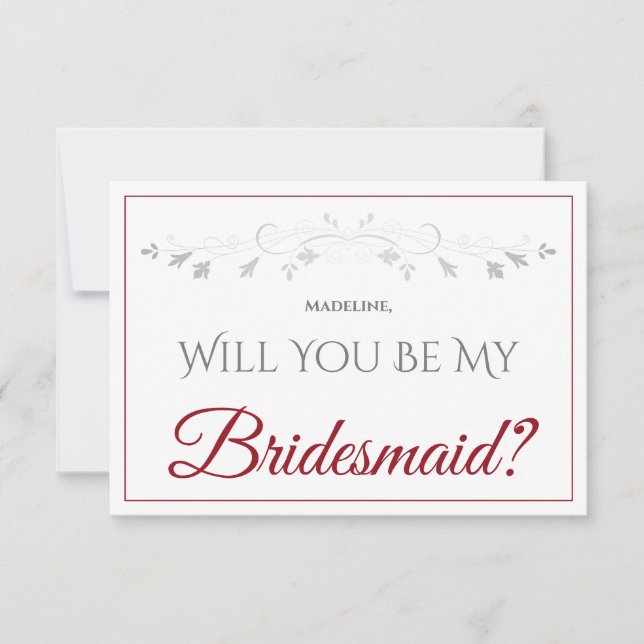 Red & White Elegante Seien Sie meine Bridesmaid Ca Karte (Vorderseite)