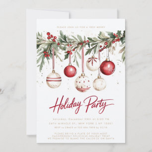 Red White Festive Ornaments Baubles Holiday Party Einladung