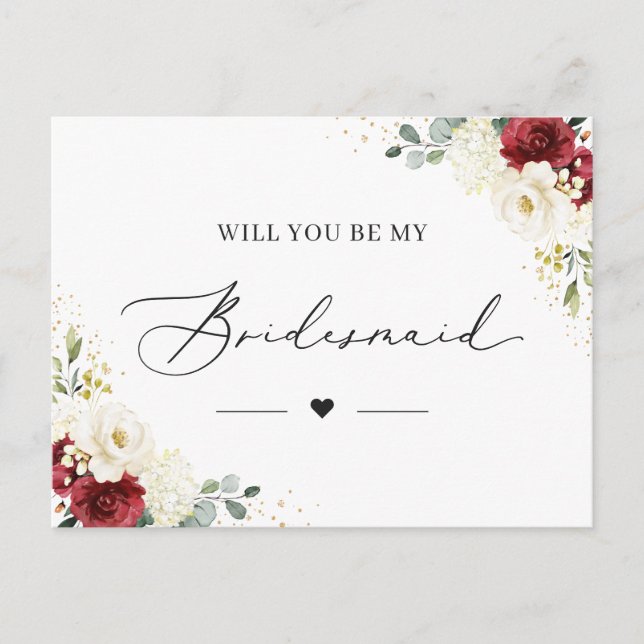 Red White floral be My Bridesmaid proposed card Postkarte (Vorderseite)