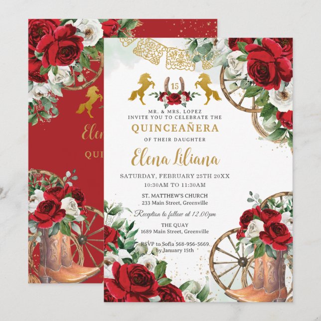 Red White Floral Charra Charra Pferde Quinceañera Einladung (Vorne/Hinten)