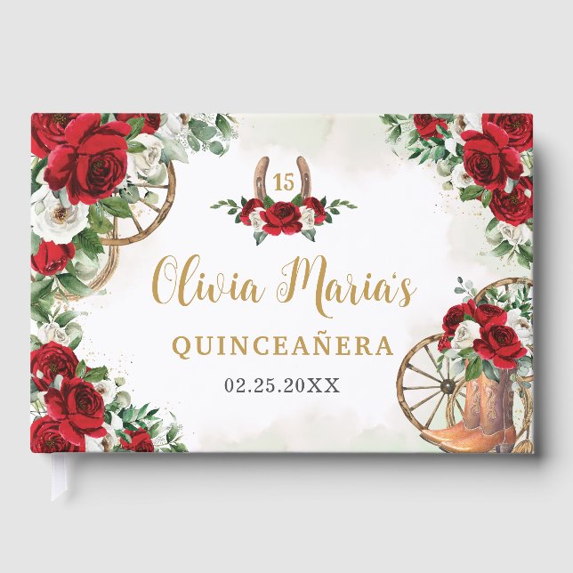 Red White Floral Charro Cowboy Boots Quinceanera Gästebuch (Vorderseite)
