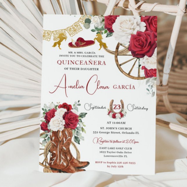 Red White Floral Charro Stiefel Quinceañera Einladung (Von Creator hochgeladen)
