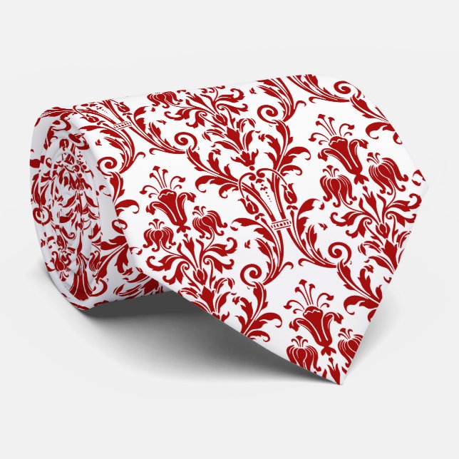 Red White Floral Damask Krawatte (Gerollt)