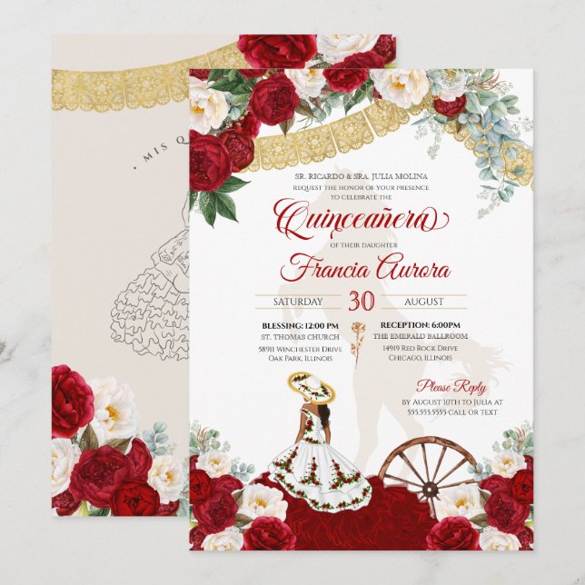 Red White Floral Elegante Gold - Charro Quinceaner Einladung (Vorne/Hinten)