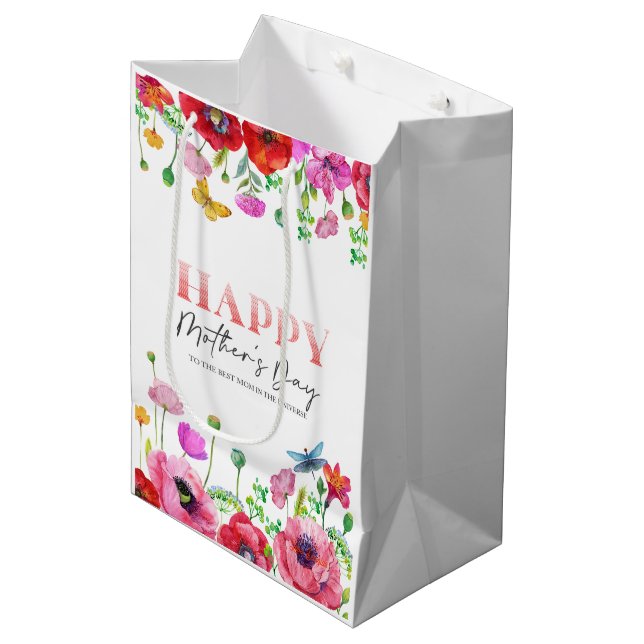 Red White Floral Happy Mütter Grußkarte Mittlere Geschenktüte (Vorderseite Schrägansicht)