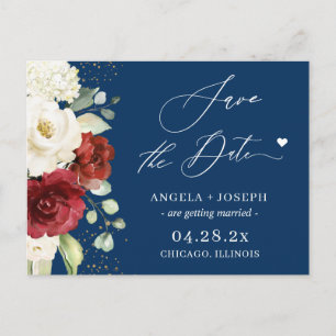 Red White Floral Navy Blue Wedding Save the Date Postkarte