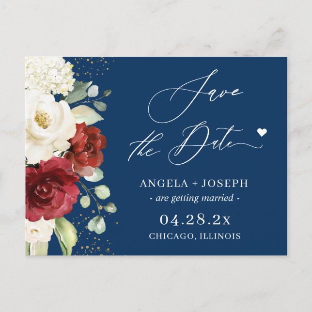 Red White Floral Navy Blue Wedding Save the Date Postkarte (Vorderseite)