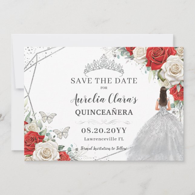 Red White Floral Silver Dress Quinceanera Sweet 16 Save The Date (Vorderseite)