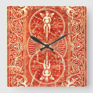 RED WHITE FLORAL SWIRLS AND ANGELS QUADRATISCHE WANDUHR