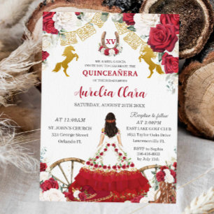 Red White Floral Wild West Charro Quinceañera XV Save The Date