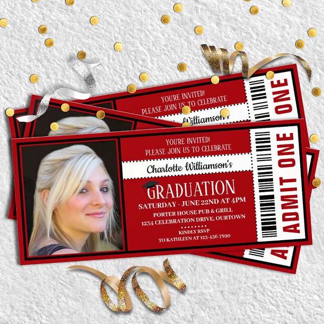 Red|White Foto Ticket Graduation Party Einladung (Von Creator hochgeladen)