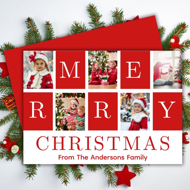 Red & White Frohe Weihnachten 5 Foto Collage (Red & White Merry Christmas 5 Photo Collage Holiday Card)