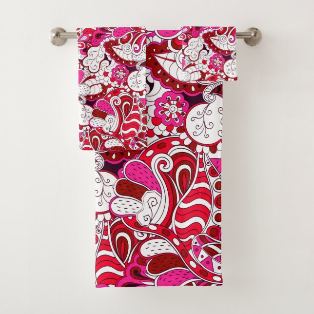 Red White Fuchsia Pink Burgund Abstraktes Muster Badhandtuch Set (Insitu)