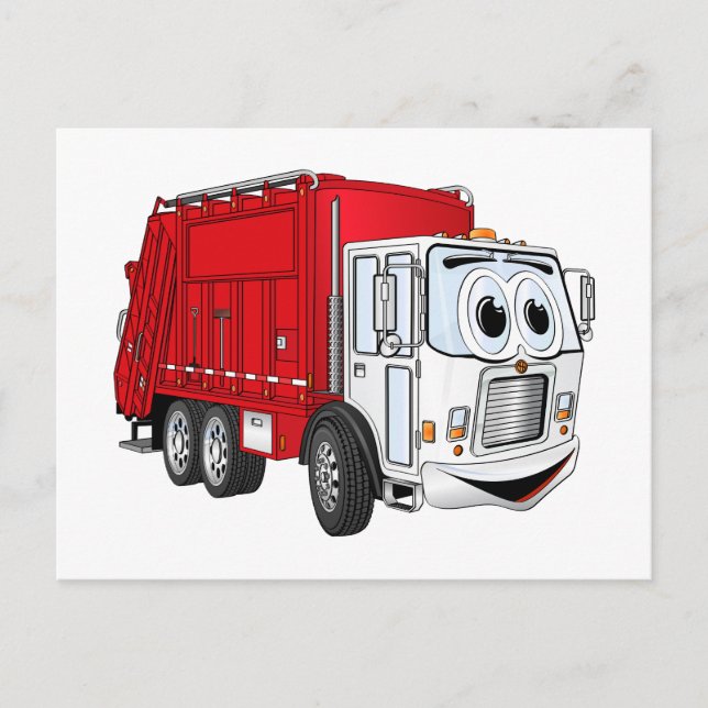 Red White Garbour Truck Cartoon Postkarte (Vorderseite)