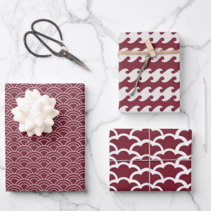Red + White Geometric Wave Muster Geschenkpapier Set