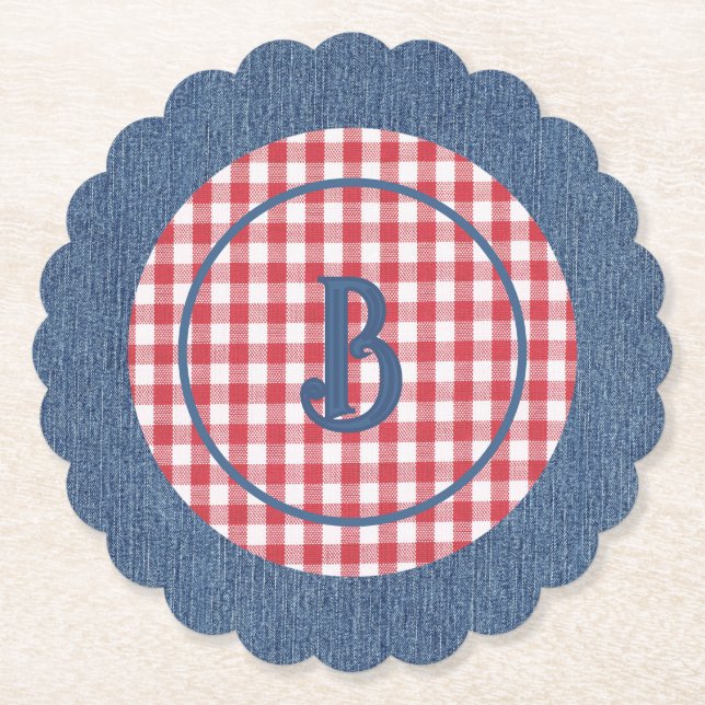 Red & White Gingham, Blue Denim Print, Initial (6) Untersetzer (Vorderseite)