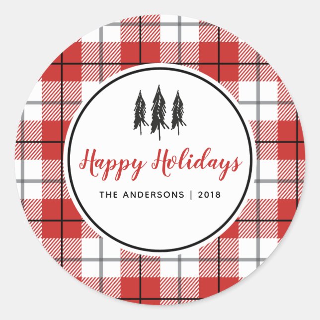 Red & White Gingham Flannel Weihnachtsbaum Runder Aufkleber (Vorderseite)