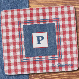 Red & White Gingham Karo, Blue Denim Glass Schneidebrett