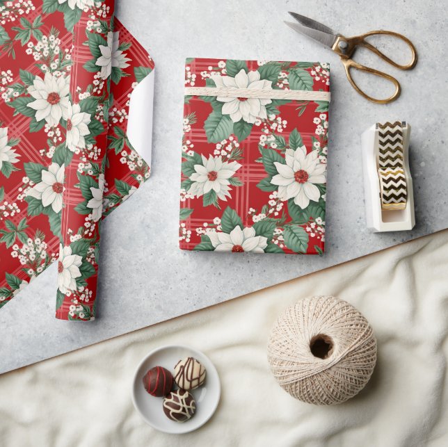Red White Gingham Karo Floral Poinsettia Pattern Geschenkpapier (Kunsthandwerk)