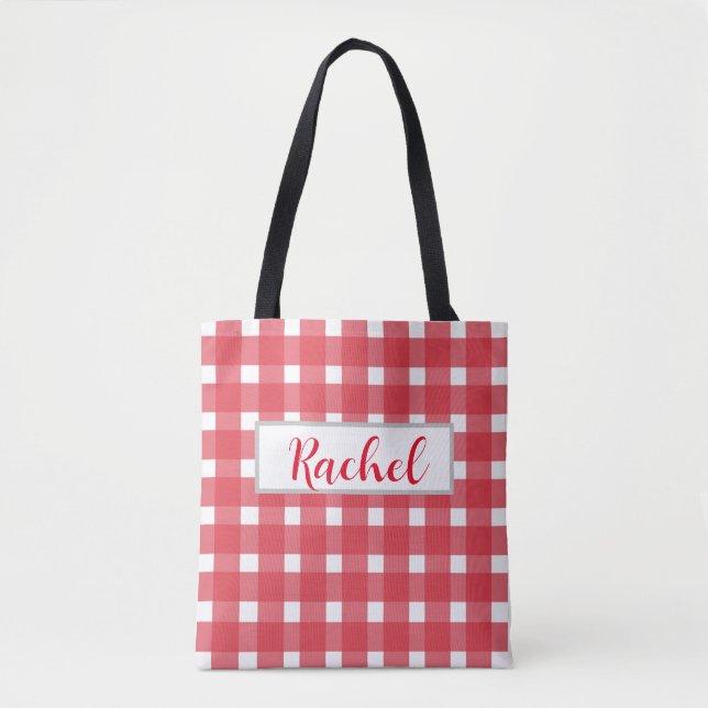 Red White Gingham Personalisiert Tote Bag Tasche (Vorderseite)