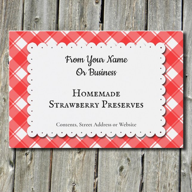 Red White Gingham Plaid Custom Food Label Lebensmitteletikett (Von Creator hochgeladen)