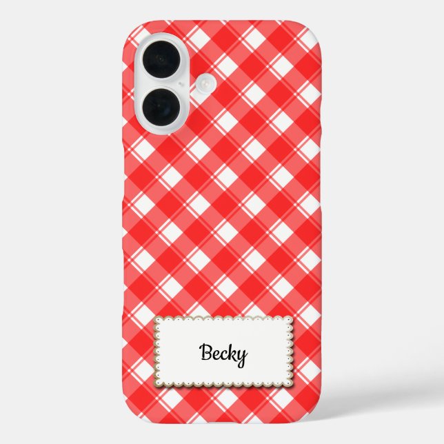 Red White Gingham Plaid Custom Recipe Book iPhone 16 Hülle (Rückseite)