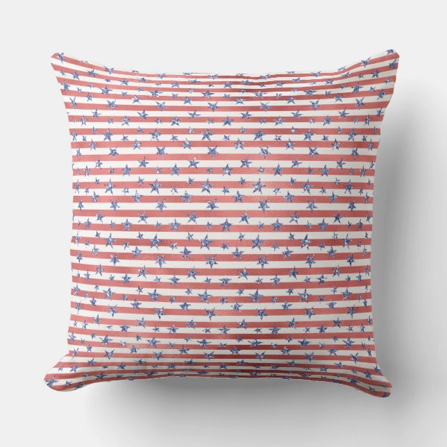Red White Glitzer Blue Stars Streifen Kissen (Vorderseite)