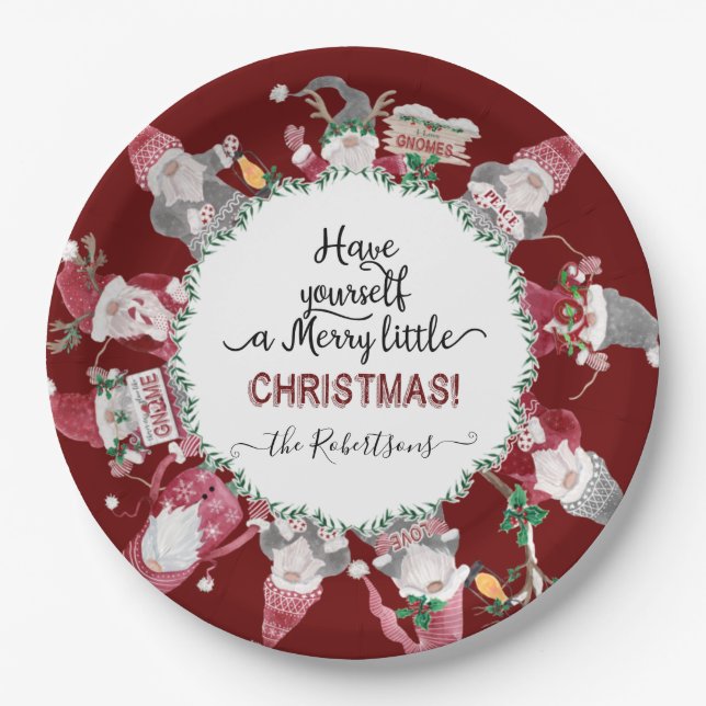 Red White Gnomes Merry Little Christmas Snowflakes Pappteller (Vorderseite)