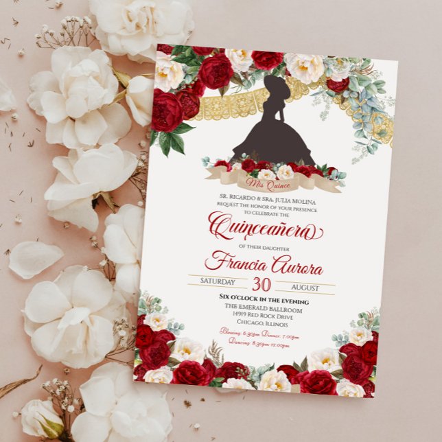 Red White Gold Elegante Floral Charro Quinceanera Einladung (Von Creator hochgeladen)