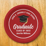 Red White Graduate Custom 2025 Graduation Party Pappteller<br><div class="desc">Diese moderne,  in Rot und Weiß gehaltene Papiertafel der Graduiertengruppe zeigt klassische Typografie Ihres High School- oder Uni-Namens für die Klasse 2025. Passen Sie mit Ihrem geschlossen Jahr unter der schicken handgeschriebenen Drehbuch und schwarzen Graduiertenkappe für ein großartiges personalisiertes Graduiertendekor.</div>
