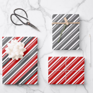 Red White Gray Candy Cane Stripe Holiday Geschenkpapier Set