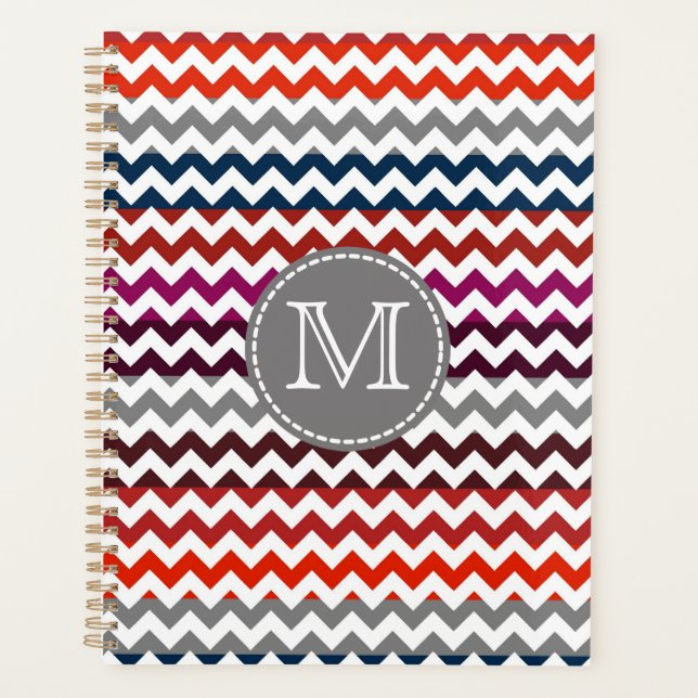 Red White Gray Zickzack Zigzag Monogram Planer (Vorderseite)