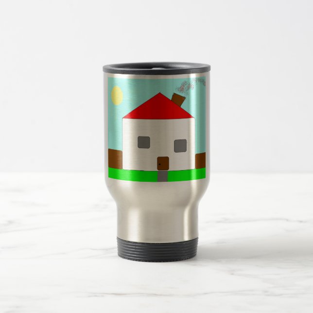 Red White Green Blue House Zeichnend, Kunst von Ki Reisebecher (Mittel)