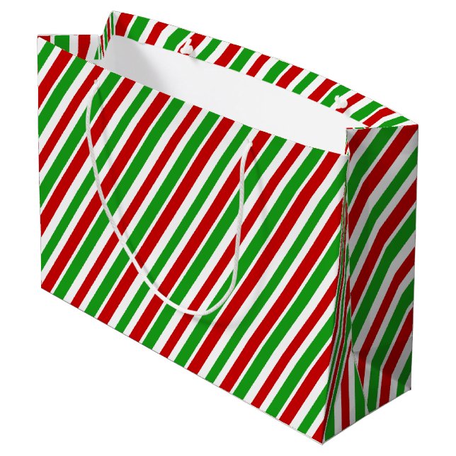 Red, White & Green Christmas Streifen Geschenktasc Große Geschenktüte (Rückseite Schrägansicht)