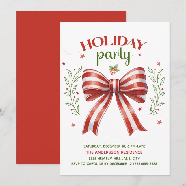 Red White Green Coquette Bow Holiday Party Einladung (Vorne/Hinten)