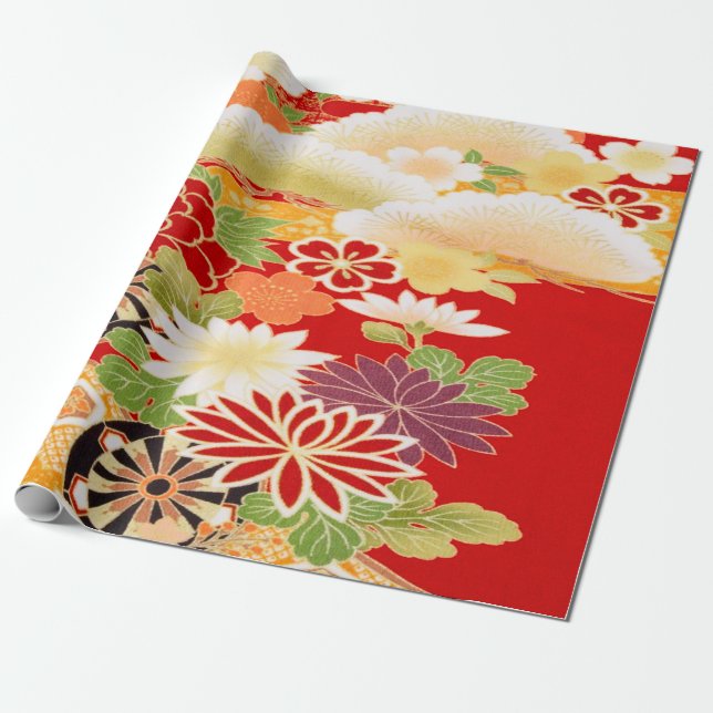 Red White Green Kimono Floral Decoupage Geschenkpapier (Ungerollt)